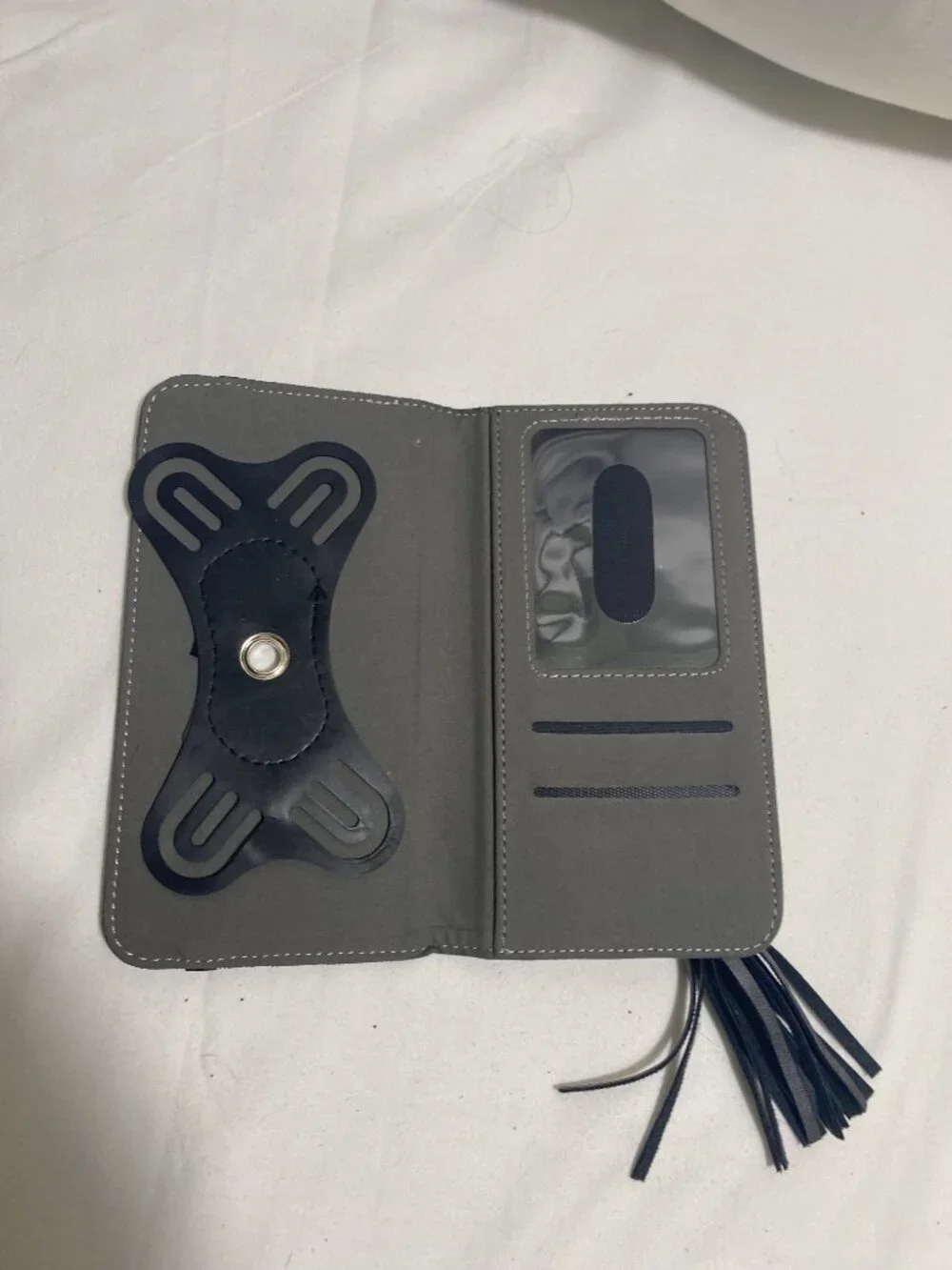 Gray Faux Leather Cell Phone Wallet Crossbody Purse Wristlet Card Holder Tassel